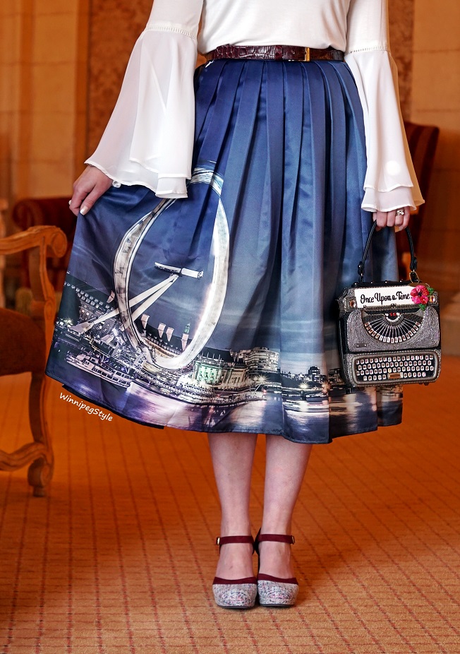 Winnipeg Style, Canadian fashion consultant, personal shopper, fashion stylist, Chie Mihara spring summer 2018 collection, Chie Mihara Tisa, tweed suede leather shoe heel, made in Spain, Mary Frances old fashioned typewriter clutch bag purse, Chicwish London skyline skirt, Winners chiffon draping sleeve top, Fort Garry Hotel Winnipeg, Manitoba